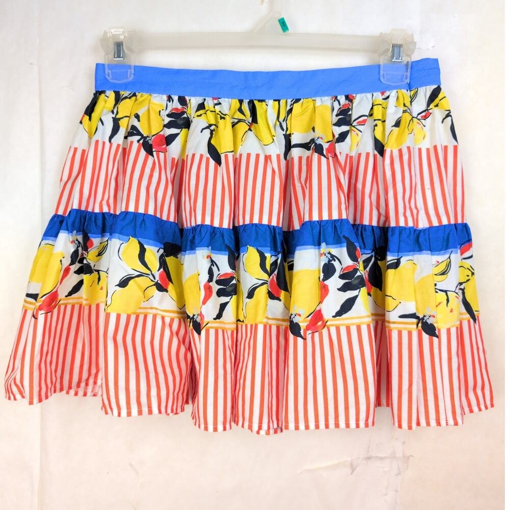 New Zara lemon print striped cotton tiered skirt Sz Med Retro Boho Garden Fruit